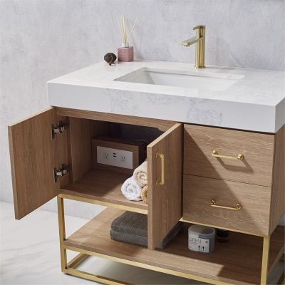 Alistair 36 in. Furniture Style Vanity in North American Oak with White Grain Stone Countertop, Undermount Sink, and Brushed Gold Bracket Support