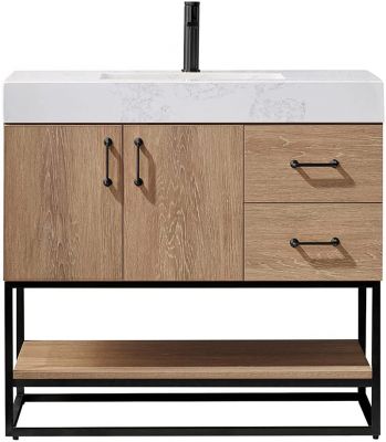 Alistair 36 in. Furniture Style Vanity in North American Oak with White Grain Stone Countertop, Undermount Sink, and Matte Black Bracket Support