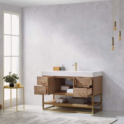 Alistair 48 in. Furniture Style Vanity in North American Oak with White Grain Stone Countertop, Undermount Sink, and Brushed Gold Bracket Support