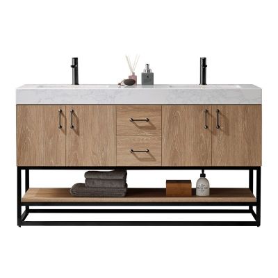 Alistair 48 in. Furniture Style Vanity in North American Oak with White Grain Stone Countertop, Undermount Sink, and Matte Black Bracket Support