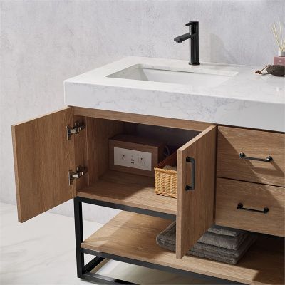 Alistair 48 in. Furniture Style Vanity in North American Oak with White Grain Stone Countertop, Undermount Sink, and Matte Black Bracket Support