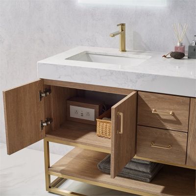 Alistair 60 in. Furniture Style Vanity in North American Oak with White Grain Stone Countertop, Undermount Sink, and Brushed Gold Bracket Support