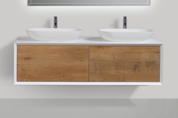 Fiona 55 in. Vanity in White Oak with Solid Surface Vanity Top in White with Two White Basins