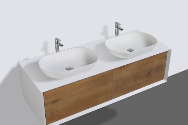 Fiona 55 in. Vanity in White Oak with Solid Surface Vanity Top in White with Two White Basins