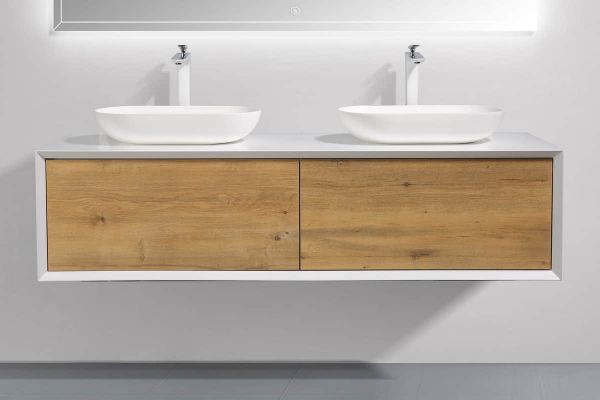 Fiona 63 in. Vanity in White Oak with Solid Surface Vanity Top in White with Two White Basins