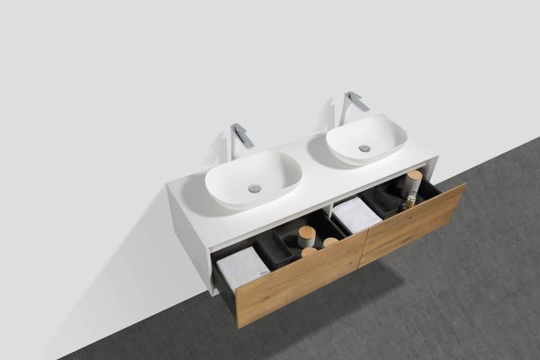 Fiona 63 in. Vanity in White Oak with Solid Surface Vanity Top in White with Two White Basins