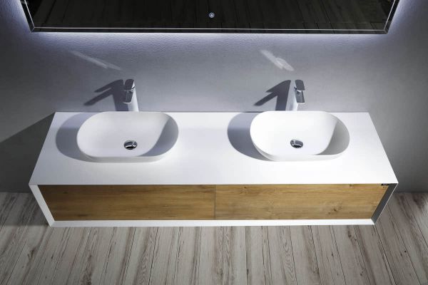 Fiona 72 in. Vanity in White Oak with Solid Surface Vanity Top in White with Two White Basins