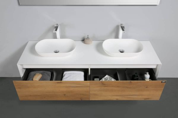 Fiona 72 in. Vanity in White Oak with Solid Surface Vanity Top in White with Two White Basins