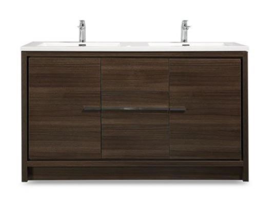Allier 60 in. Vanity in Grey Oak with Acrylic Vanity Top in High Gloss White with Two High Gloss White Basins