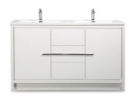 Allier 60 in. Vanity in High Gloss White with Acrylic Vanity Top in High Gloss White with Two High Gloss White Basins