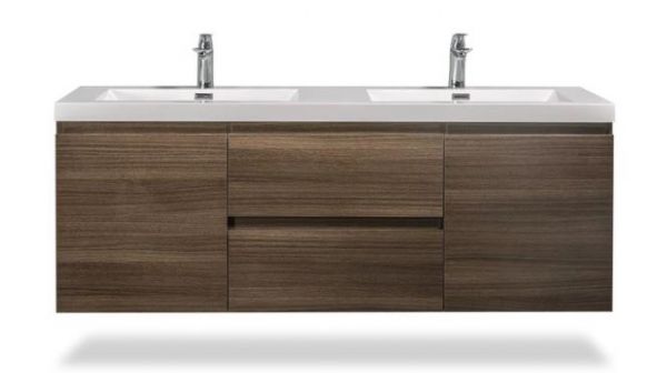 Angela 60 in. Vanity in Grey Oak with Acrylic Vanity Top in High Gloss White with Two High Gloss White Basins